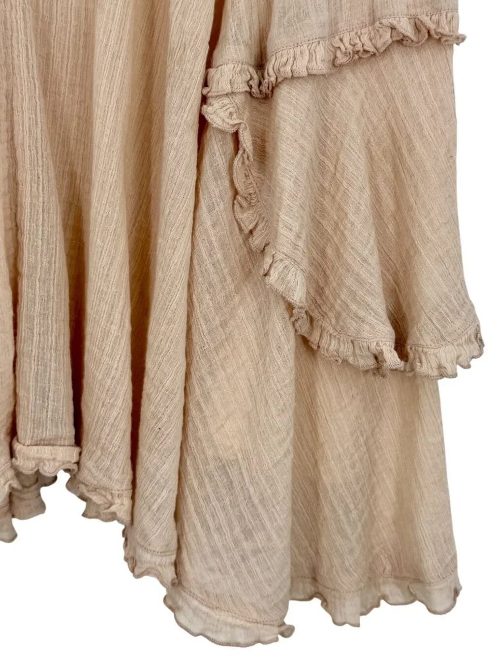 Free People Beige Layered Ruffle Ruched V-Neck Mini Dress S | Coastal Boho Indie - Picture 5 of 13
